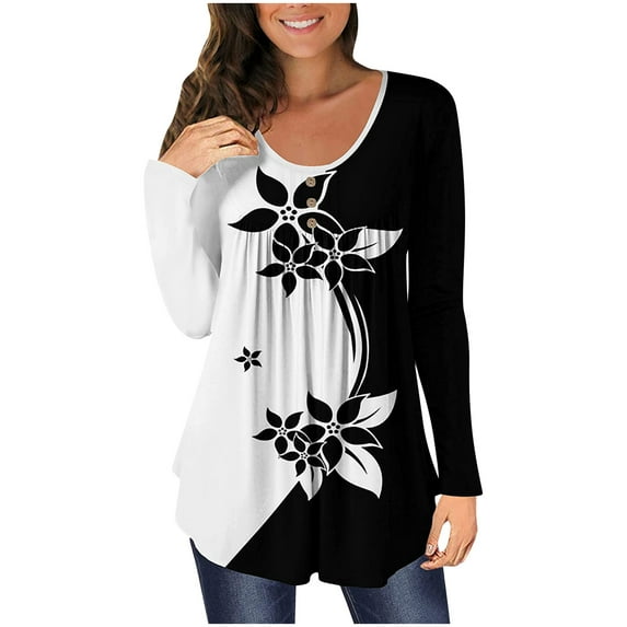 IROINNID Womens Long Sleeve V-Neck Shirts Home Floral Butterfly Printed Pullover Buttons Blouse Tops,Black