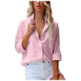 thumbnail image 1 of IROINNID Womens Long Sleeve V-Neck Shirts Home Pockets Solid Turn-Down Cardigan Loose T-Shirt Autumn Blouse Button Tops,Pink, 1 of 5