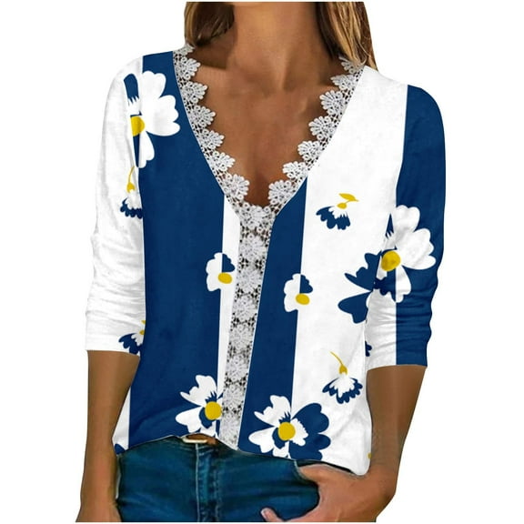 IROINNID Womens Long Sleeve V-Neck Shirts Printed Lace Three Quarter Sleeves Blouse Home Tops,White