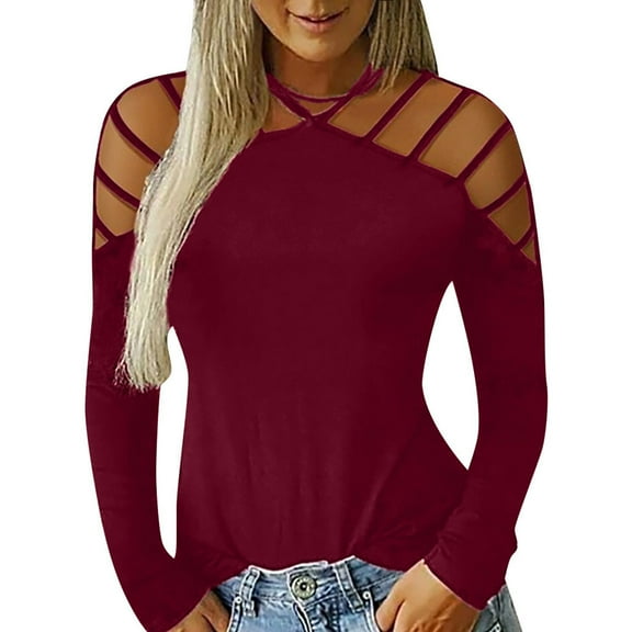 IROINNID Womens Long Sleeve V-Neck Shirts Off Shoulder Solid Hollow Out T-shirt Blouse Tops,Red