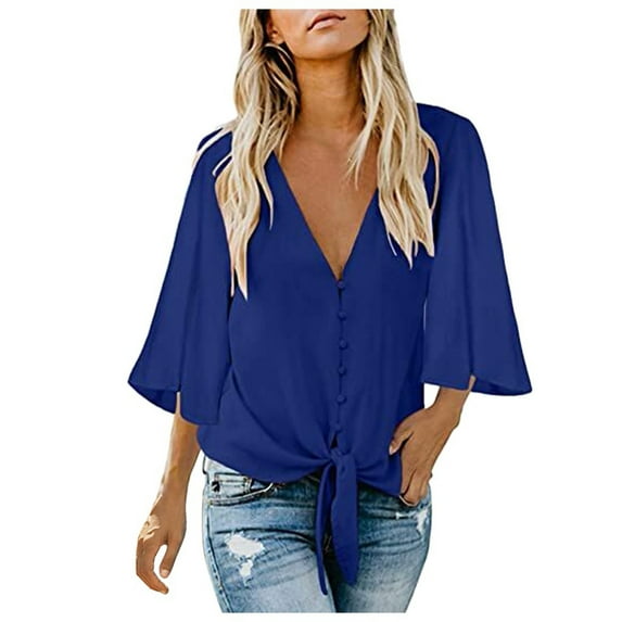 IROINNID Womens Long Sleeve V-Neck Shirts Solid Three Quarter Tee Lounge Popular Blouse Tops,Blue