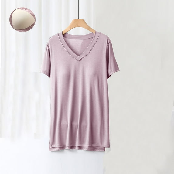 IROINNID Womens Pajamas Tops T-shirt With Chest Pad Plain Casual Round-Neck Regular Short Sleeve Summer Pajama