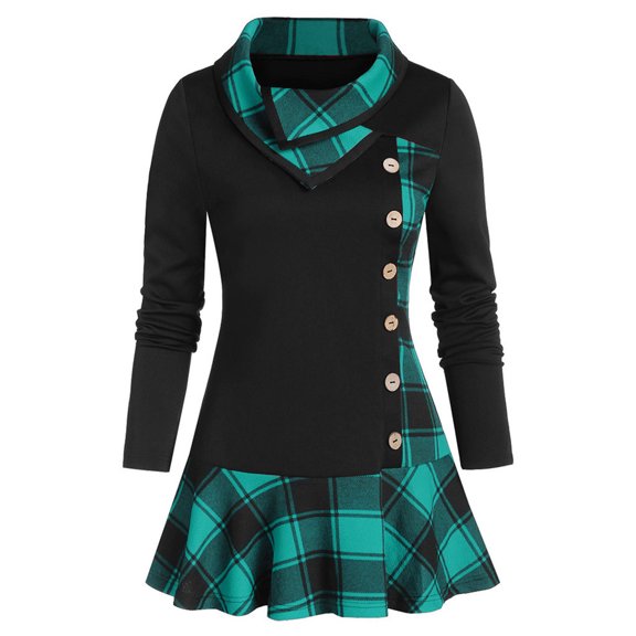 IROINNID Womens Plus Size Tops Plus Size Button Cowl Neck Long Sleeve Patchwork Plaid Print Tops,Green