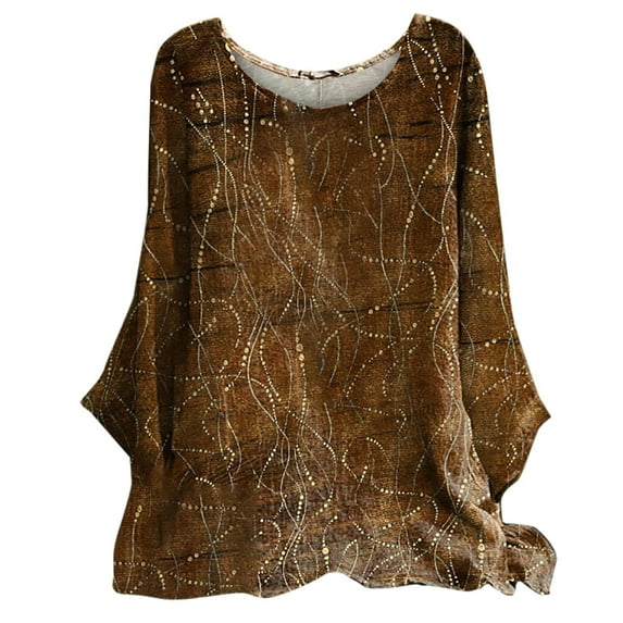 IROINNID Womens Plus Size Tops Round-Neck Long Sleeve Print Home T-shirt Blouse,Khaki