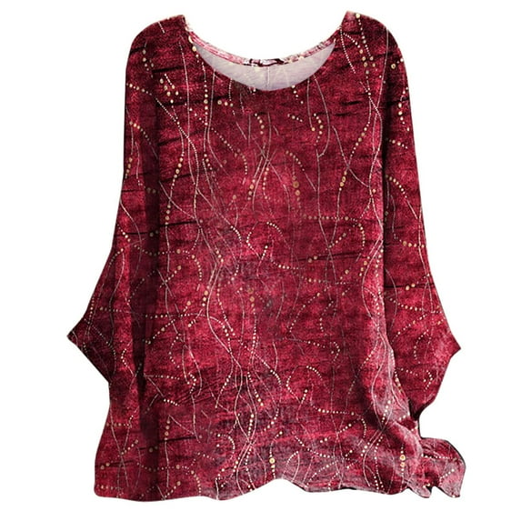 IROINNID Womens Plus Size Tops Round-Neck Long Sleeve Print Home T-shirt Blouse,Red
