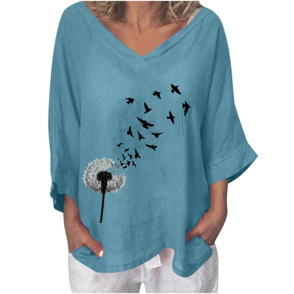 IROINNID Womens Plus Size Tops Summer V-Neck Short Sleeve Print Home T-shirt Blouse,Blue