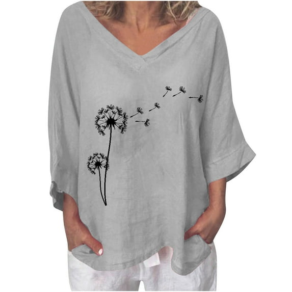 IROINNID Womens Plus Size Tops Summer V-Neck Short Sleeve Print Home T-shirt Blouse,Gray