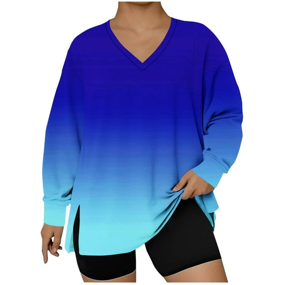 IROINNID Womens Plus Size V Neck Long Sleeve Tops with Gradient Print and Side Slit Hem Fashion Casual Blouse for Everyday Wear(Light Blue,XL)