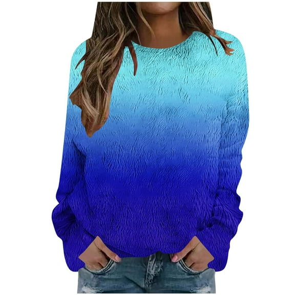 IROINNID Womens Printed Fleece Pullover Top Cozy Casual Long Sleeve Round Neck Off Shoulder Sweater Soft Comfortable Loose Fit Blouse for Home Daily Wear(Blue#1,XL)