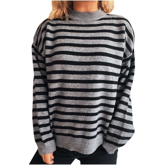 IROINNID Womens Round Neck Striped Pullover Knitted Sweater Long Sleeve Casual Comfortable Top Soft Yarn Classic Fit Wardrobe Cozy Fall Winter Fashion(Gray,M)