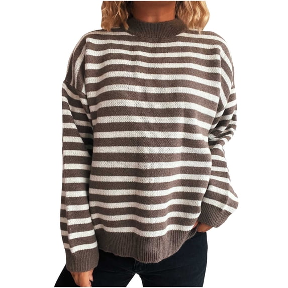 IROINNID Womens Round Neck Striped Pullover Knitted Sweater Long Sleeve Casual Comfortable Top Soft Yarn Classic Fit Wardrobe Cozy Fall Winter Fashion(Brown,M)