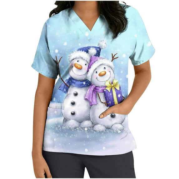 IROINNID Womens Scrub Tops Graphic Print Short Sleeve Shirts Workwear Christmas Tops With Pocket,Blue