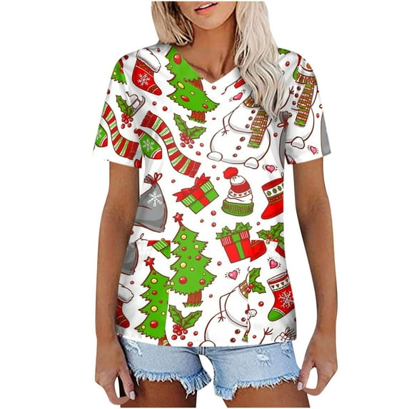 IROINNID Womens Scrub Tops Graphic Print Short Sleeve Shirts Workwear Christmas Tops With Pocket,White A