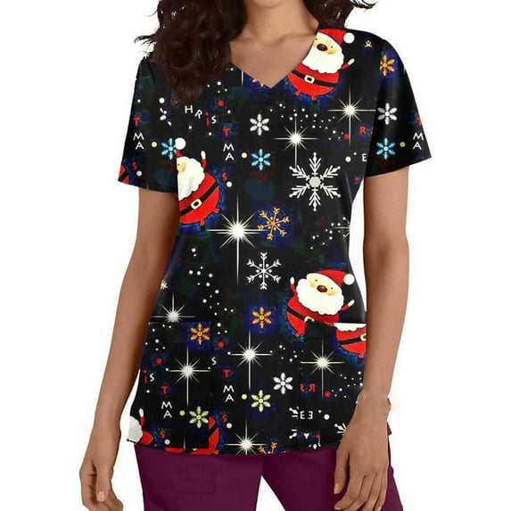 IROINNID Womens Scrub Tops Graphic Print Short Sleeve V-Neck Workwear Christmas Tops With Pocket,Black B