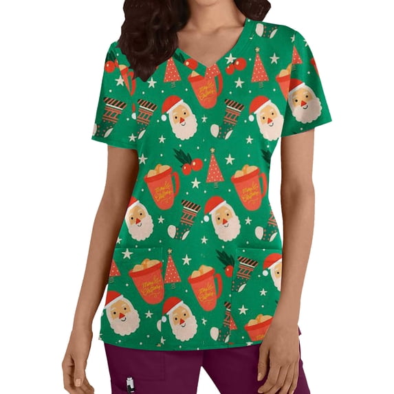 IROINNID Womens Scrub Tops Graphic Print Short Sleeve V-Neck Workwear Christmas Tops With Pocket,Green B