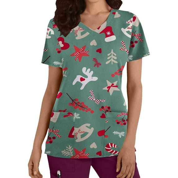 IROINNID Womens Scrub Tops Graphic Print Short Sleeve V-Neck Workwear Christmas Tops With Pocket,Light Blue
