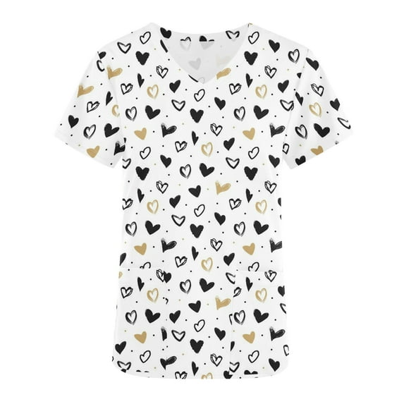 IROINNID Womens Scrub Tops Short Sleeve V-neck Working Uniform Graphic Print With Two Pockets,White