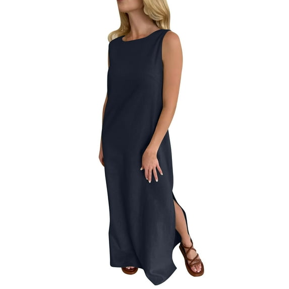 IROINNID Womens Sleeveless Dress Round Neck Casual Summer Dress Solid Color Tank Dress Spring Dress Everyday Wear Lightweight Comfortable Dress(Navy,M)