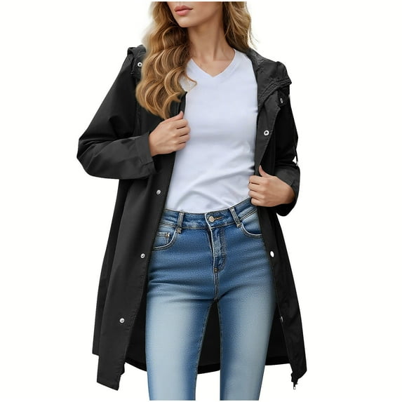 IROINNID Womens Solid Color Long Sleeve Hooded Jacket Waterproof Windproof Cardigan Outdoor Casual Coat with Button Closure and Pockets for Daily Wear(Black,L)