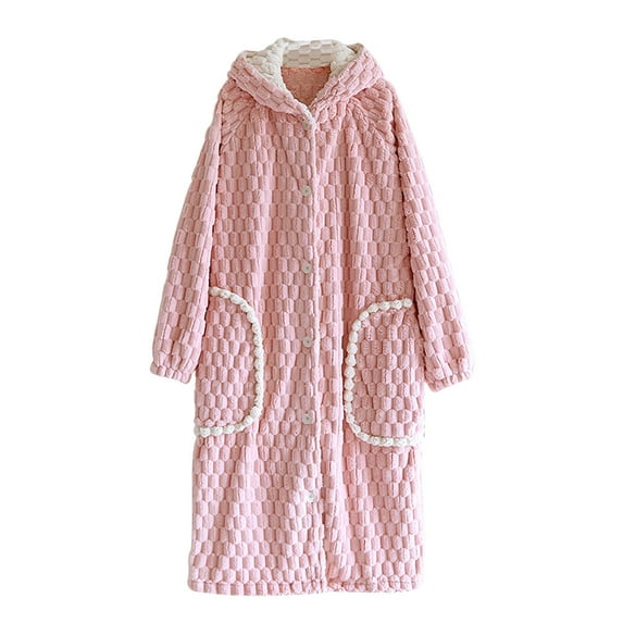 IROINNID Womens Solid Color Long Sleeve Nightgown Winter Loose Bathrobe Soft Comfortable Home Wear Casual Pajama Dress with Pockets for Mom Wife Daughter(Pink,M)