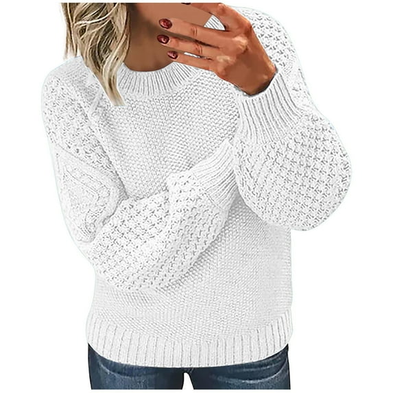IROINNID Womens Solid Color Round Neck Hollow Out Pullover Knitted Sweater Long Sleeve Casual Comfortable Top Soft Yarn Classic Fit Wardrobe Cozy Fall Winter Fashion(White,5XL)