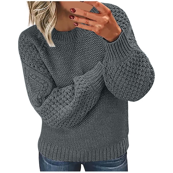 IROINNID Womens Solid Color Round Neck Hollow Out Pullover Knitted Sweater Long Sleeve Casual Comfortable Top Soft Yarn Classic Fit Wardrobe Cozy Fall Winter Fashion(Dark Gray,5XL)