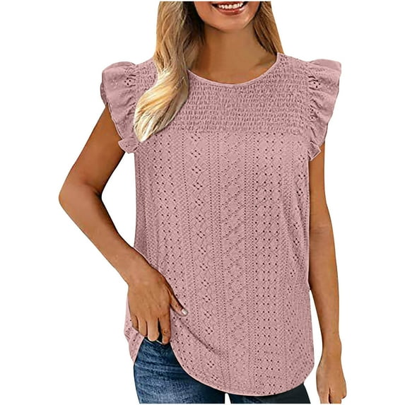 IROINNID Womens Solid Color Ruffle Sleeve Tops Round-Neck Sleeveless Vest Cut-Out Panel Tops Spring