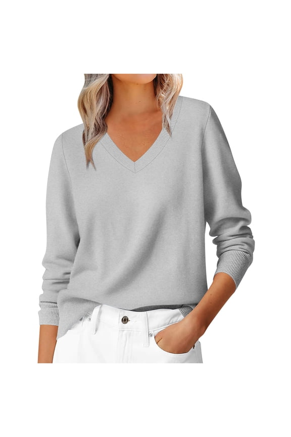 Womens Solid Color V Neck Long Sleeve Sweater Tops Loose Fit Pullover Soft Comfortable Casual Everyday Wear Fall Fashion Classic Basic Knit(Gray,2XL)