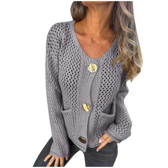 IROINNID Womens Solid Knit Cardigan Casual Solid Color Loose Long Sleeve Button Front Round Neck Sweater Top with Pockets Fashionable Knitwear(Gray,M)