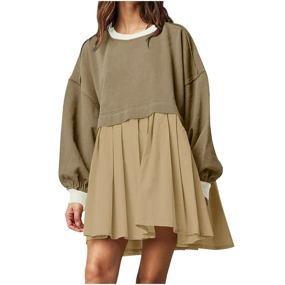 IROINNID Womens Spring Dresses Round Neck Long Lantern Sleeve Ruffle A-Line Casual Dress