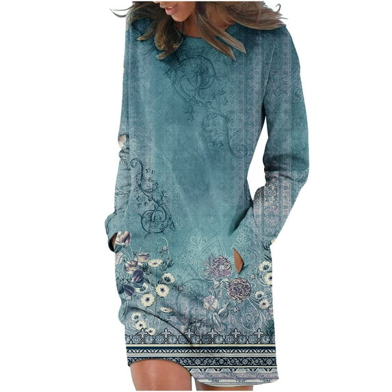 IROINNID Womens Spring Dresses Round Neck Long Sleeve Soild Color Ruffle A-Line Casual Long Dress
