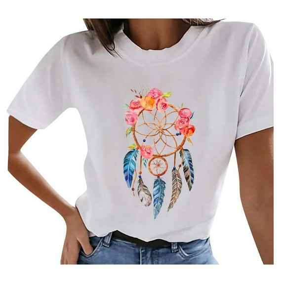 IROINNID Womens Summer Round Neck Vintage Printed Pattern Casual Short Sleeve Womens Tops Blouse Spring Saving