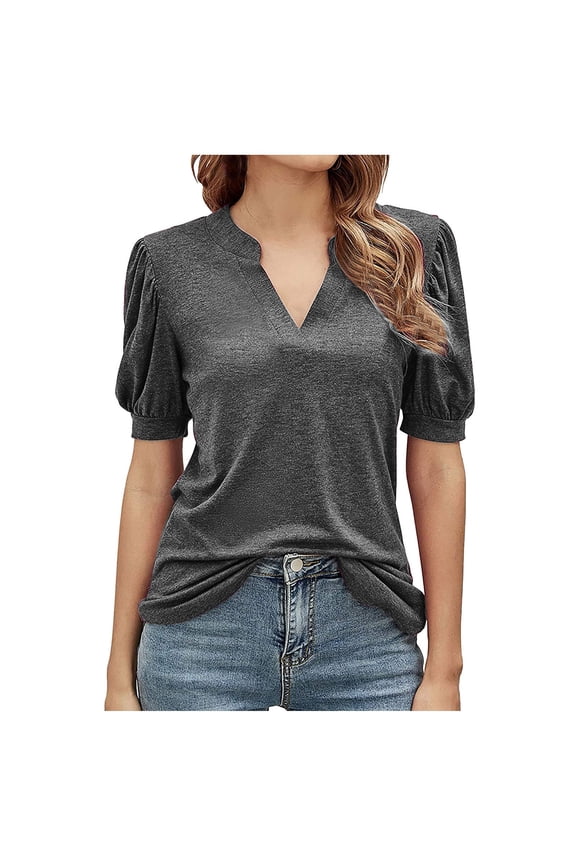 Womens Summer Vintage Solid Color Loose V-Neck Casual Short Sleeve Tops Blouse