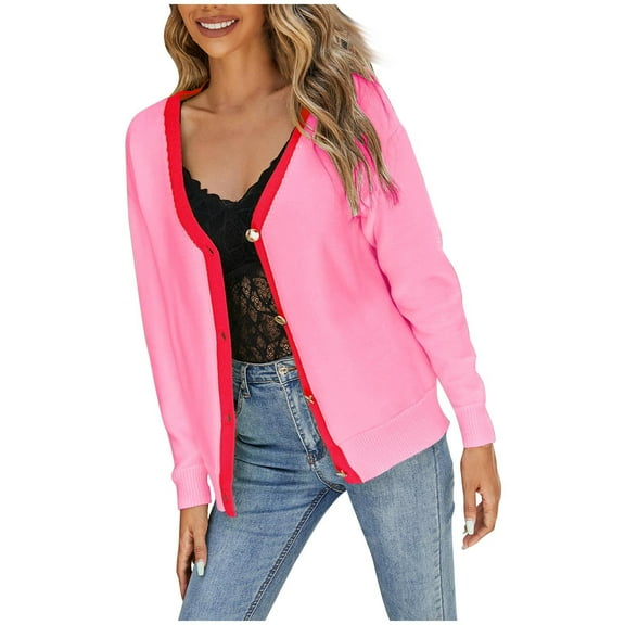 IROINNID Womens Sweater Button Down V-Neck Pullover Sweater Solid Color Casual Mid-Length Long Sleeve Patchwork Sweater Button Top