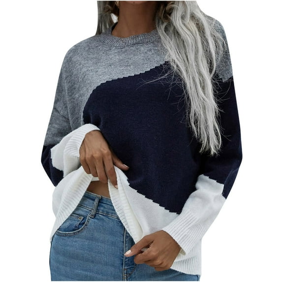 IROINNID Womens Sweater Jumper Round Neckline Pullover Sweater Color Block Leisure Short Length Long Sleeve Autumn and Winter Top Piece Piece Knit Sweater
