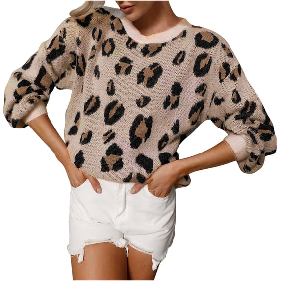 IROINNID Womens Sweater Jumper Round Neckline Pullover Sweater Leopard Print Loose Mid-Length Long Sleeve Sweater