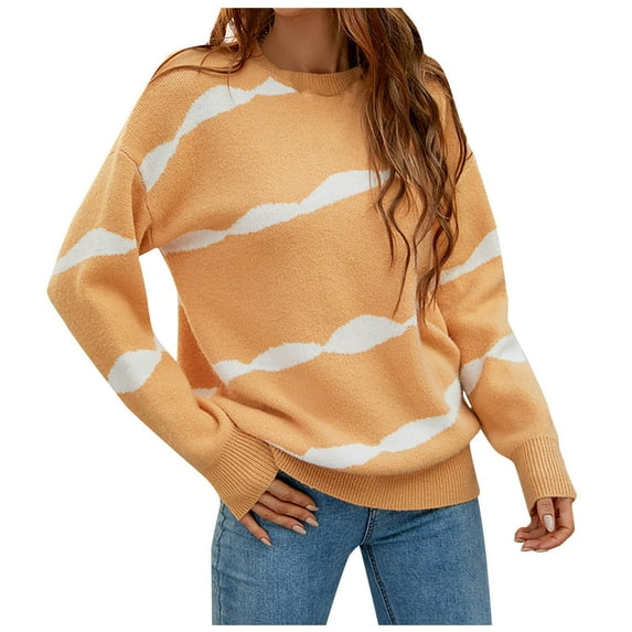 IROINNID Womens Sweater Jumper Round Neckline Pullover Sweater Stripes Leisure Mid-Length Long Sleeve Ladies Knit Top Sweater