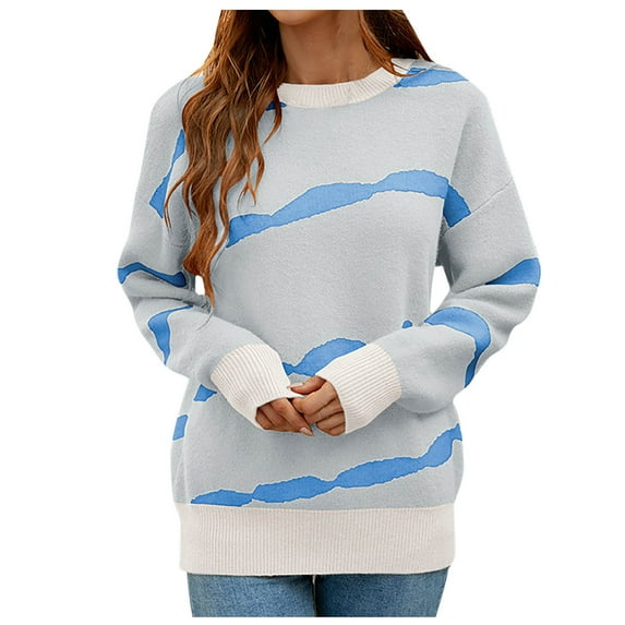 IROINNID Womens Sweater Jumper Round Neckline Pullover Sweater Stripes Leisure Mid-Length Long Sleeve Ladies Knit Top Sweater