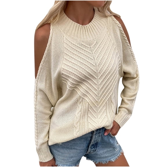 IROINNID Womens Sweater Knit Cold Shoulder Pullover Sweater Solid Color Comfy Mid-Length Long Sleeve Crew T-Shirt Blouse Tops Sweater