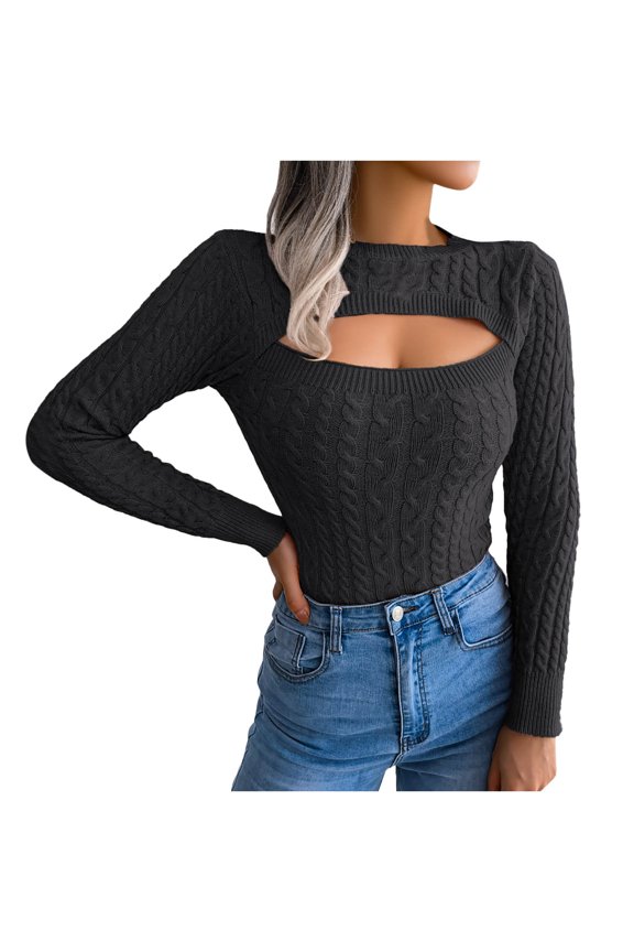 Womens Sweater Knit Keyhole Neck Pullover Sweater Solid Color Comfy Short Length Long Sleeve Autumn and Winter Sweater Tops