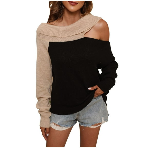 IROINNID Womens Sweater Knit One-Shoulder Pullover Sweater Color Block Leisure Mid-Length Long Sleeve Wear Autumn and Winter Strapless Splicing Knitting Sweater