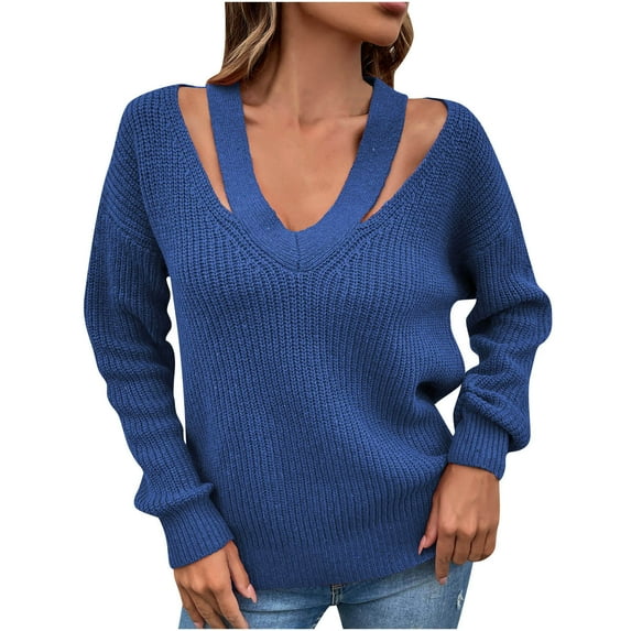 IROINNID Womens Sweater Knit V-Neck Pullover Sweater Solid Color Leisure Short Length Long Sleeve Sweater