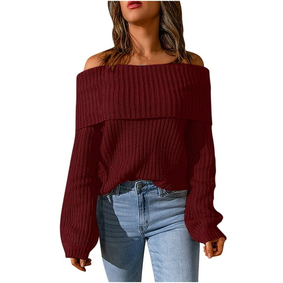 IROINNID Womens Sweater Off-The-Shoulder Pullover Sweater Solid Color Casual Short Length Long Sleeve Knit Sweater Coat