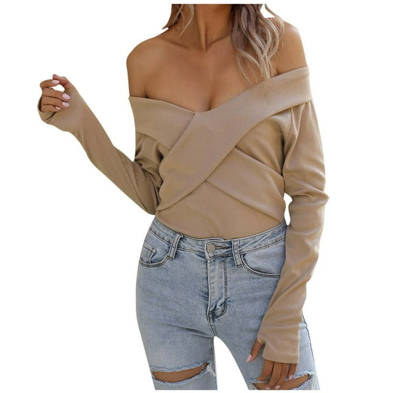 IROINNID Womens Sweater Off-The-Shoulder Pullover Sweater Solid Color Leisure Short Length Long Sleeve Sweater Top Sweater