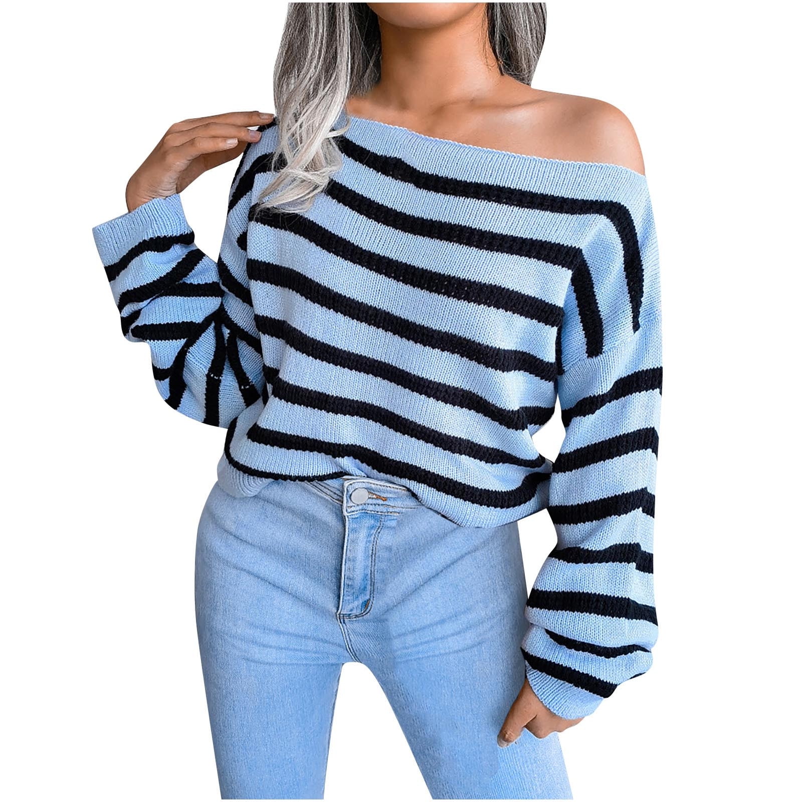 IROINNID Womens Sweater One-Shoulder Pullover Sweater Stripes Comfy Mid-Length Long Sleeve Sweater