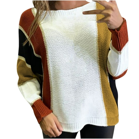 IROINNID Womens Sweater Round Neckline Pullover Sweater Color Block Casual Mid-Length Long Sleeve Patchwork Line Sweater Tops Blouse