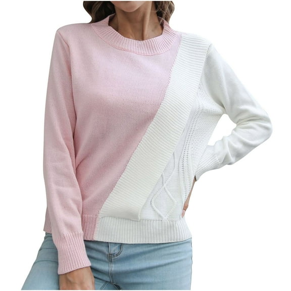 IROINNID Womens Sweater Round Neckline Pullover Sweater Color Block Comfy Mid-Length Long Sleeve Hollow Out Sweater