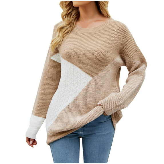 IROINNID Womens Sweater Round Neckline Pullover Sweater Color Block Loose Mid-Length Long Sleeve Patchwork Sweater Top