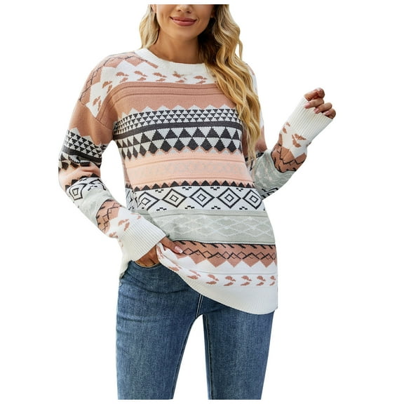 IROINNID Womens Sweater Round Neckline Pullover Sweater Print Comfy Mid-Length Long Sleeve Retro Knitting Sweater