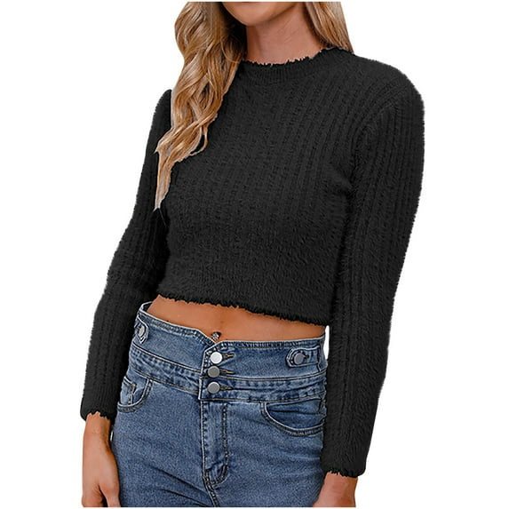 IROINNID Womens Sweater Round Neckline Pullover Sweater Solid Color Casual Short Length Long Sleeve Shirt Sweater